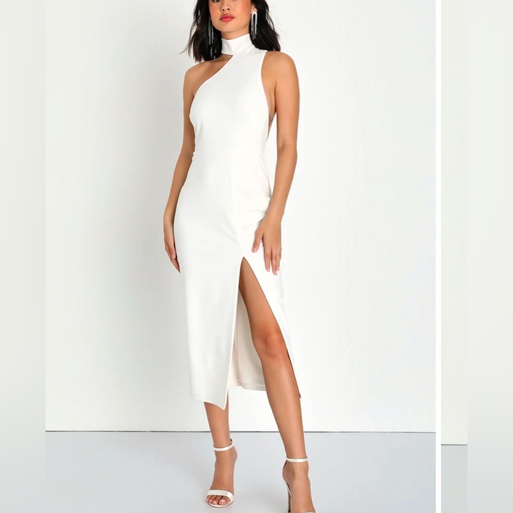 Lulus White Keep It Interesting Ivory Asymmetrical Cutout Halter Midi Dress